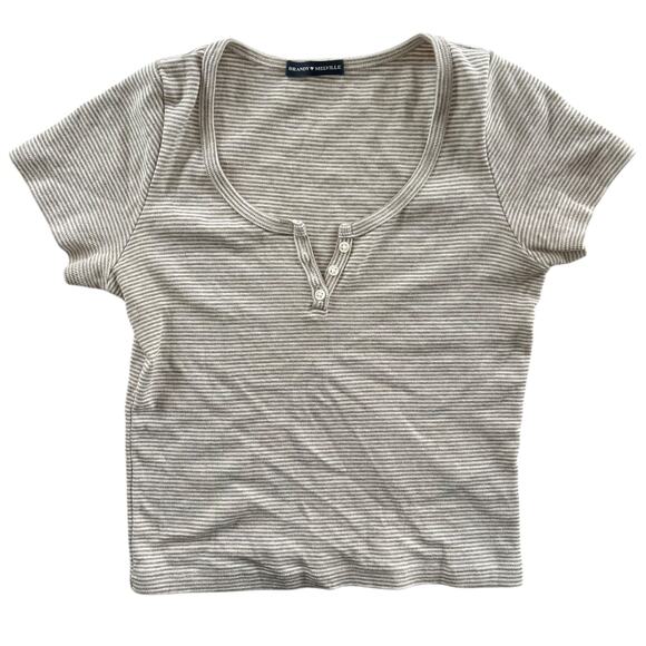 Brandy Melville Tops - Brandy Melville Beige Striped Henley Top Short Sleeve One Size